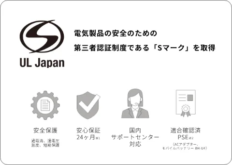 Sマーク取得製品、適合確認済安全保護、安心保証・国内サポート