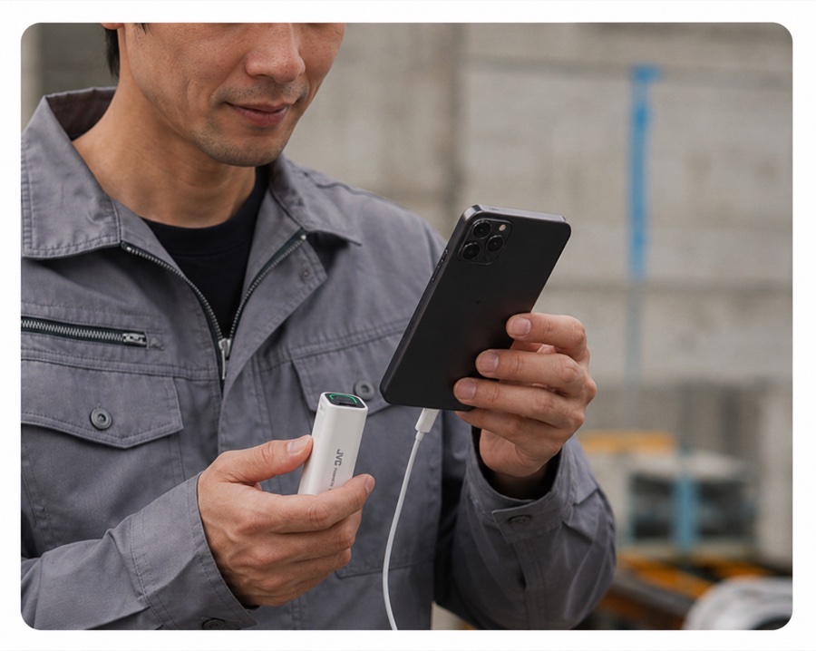 現場の作業者がモバイルバッテリーBH-U4でスマートフォンを充電する様子