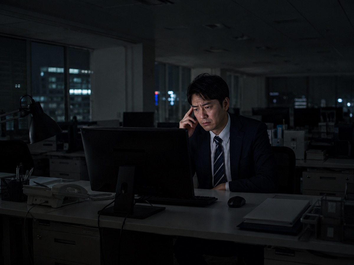停電した夜のオフィスで消えたPCの前に座り困惑する男性