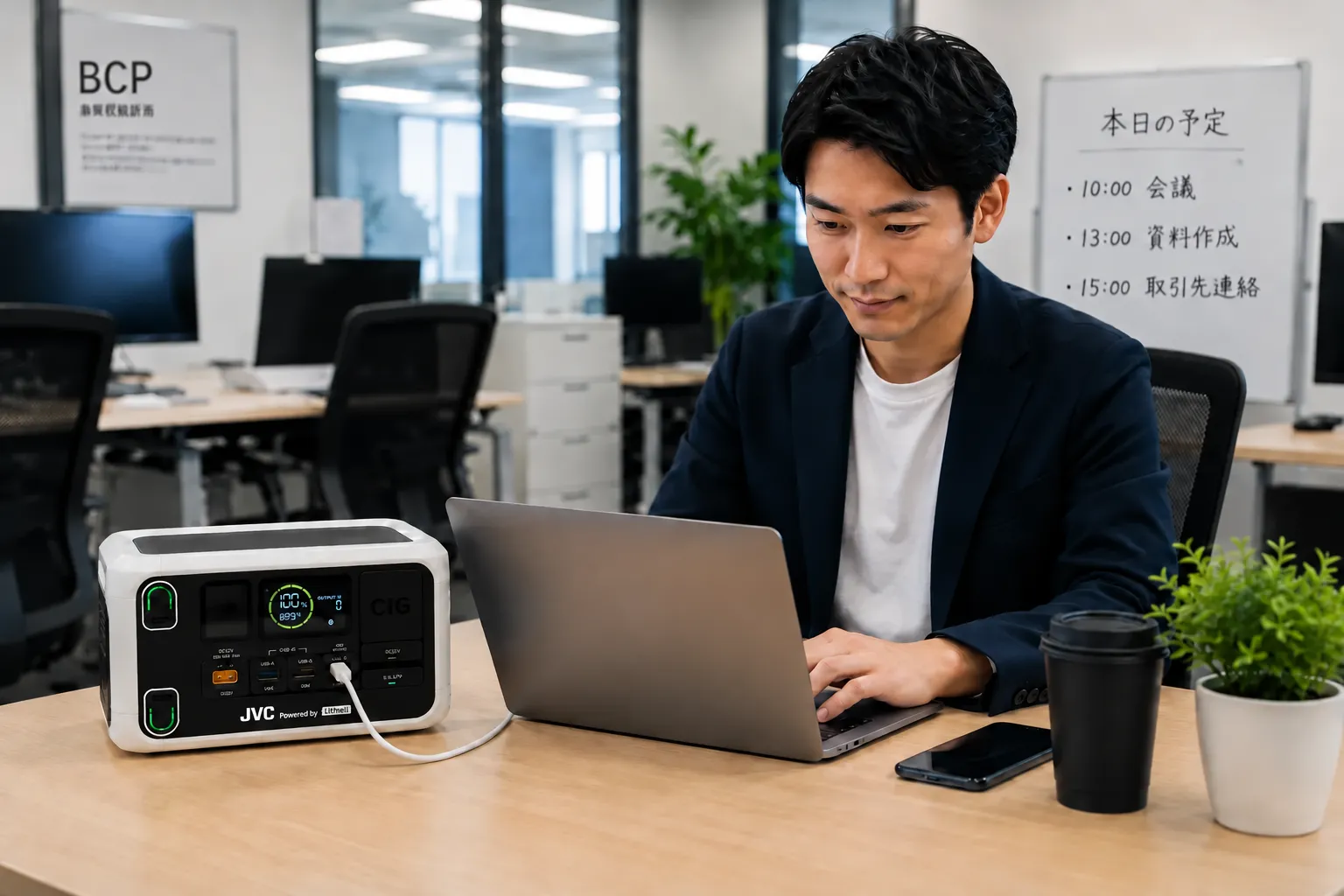オフィスのデスクでBN-RL230からスマートフォンを充電している様子