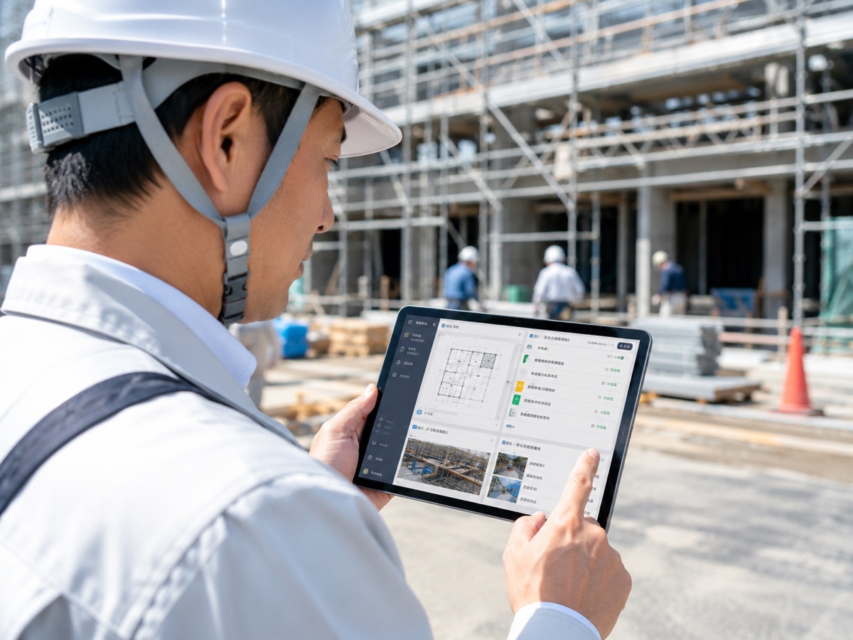 建設現場で施工管理タブレットを操作する現場監督