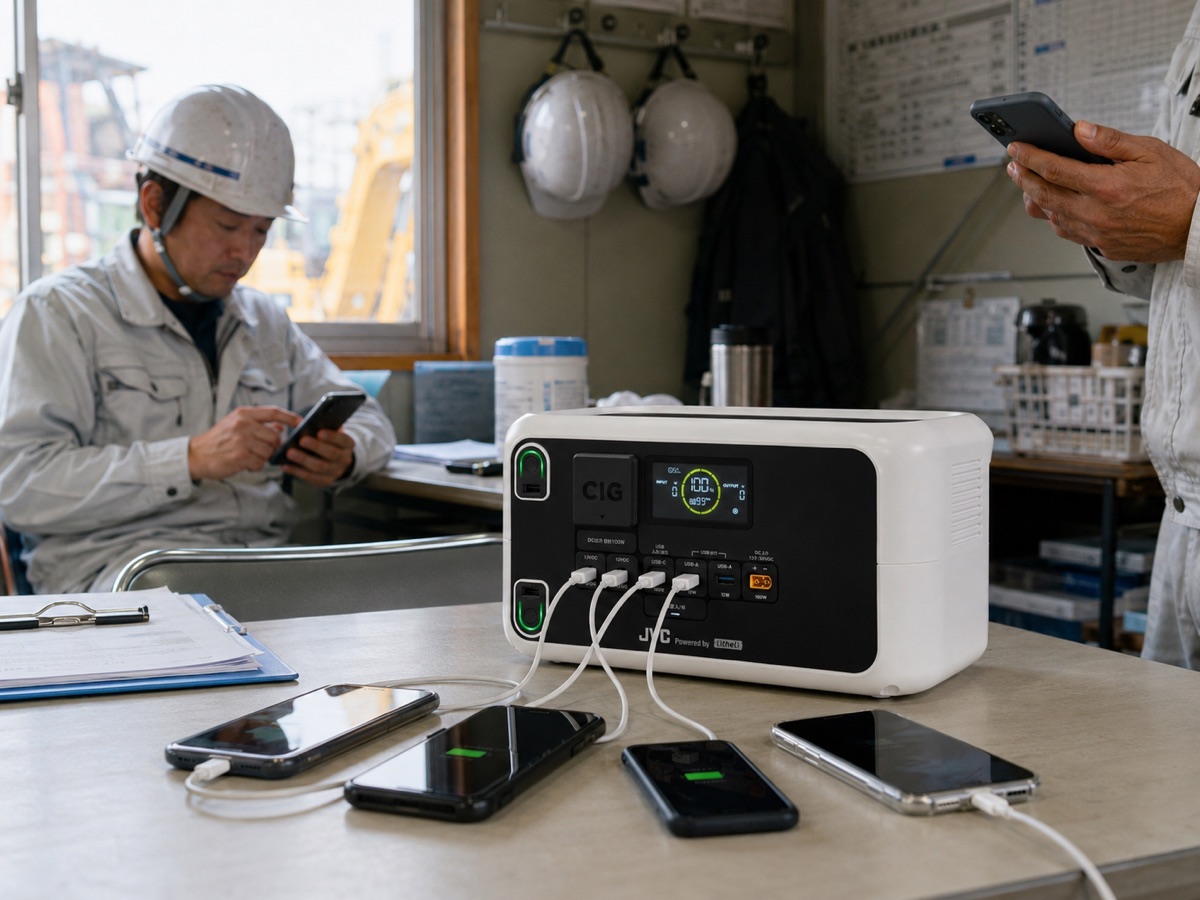 詰所でBN-RL230から複数のスマートフォンを同時充電している様子
