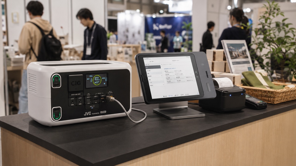 展示会ブースでBN-RL230からタブレットレジ・レシートプリンターに給電している様子