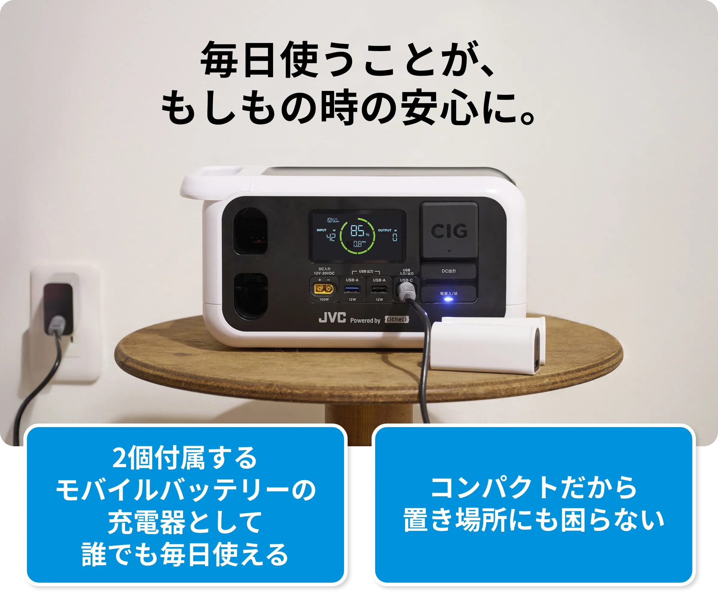 毎日使うことが、もしもの時の安心に。 2個付属するモバイルバッテリーの充電器として誰でも毎日使える コンパクトだから置き場所にも困らない
