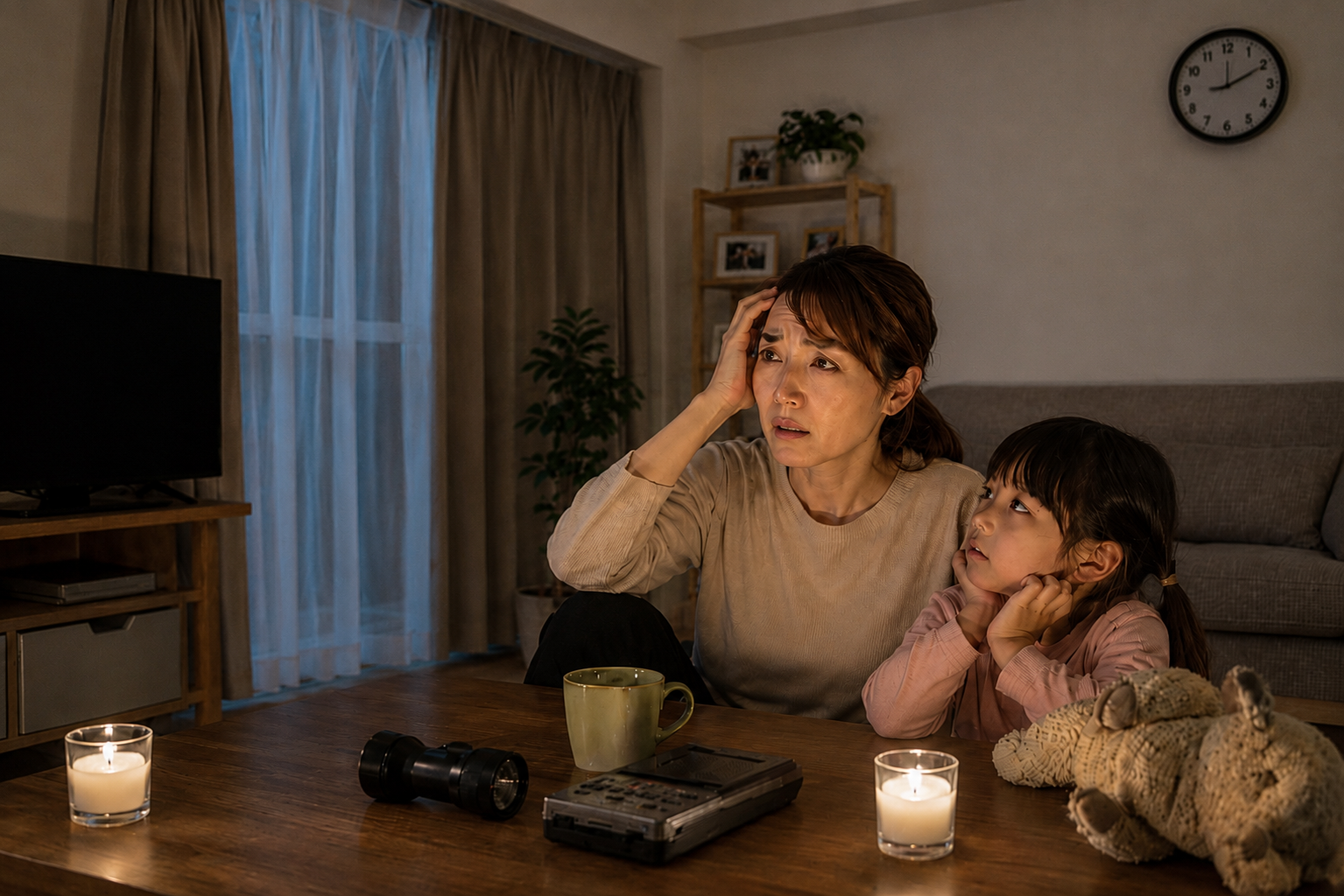 停電した夜、ろうそくの灯りの中で不安そうに過ごす母と子