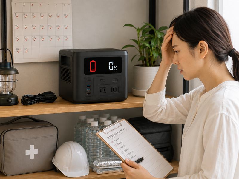 残量0%表示のポータブル電源を前に困る女性