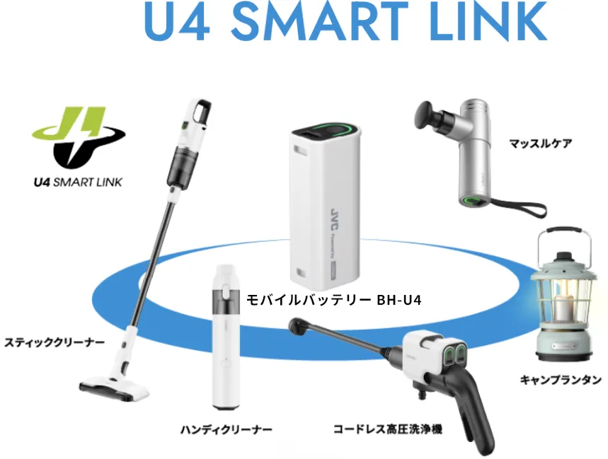 U4 SMART LINK モバイルバッテリー BH-U4 スティッククリーナー U04VP01-0J020 ハンディクリーナー U4VC00-0J020 コードレス高圧洗浄機 U04PC00-0J010 キャンプランタン U040L00-0J000 マッスルケア U04JM01-0J020